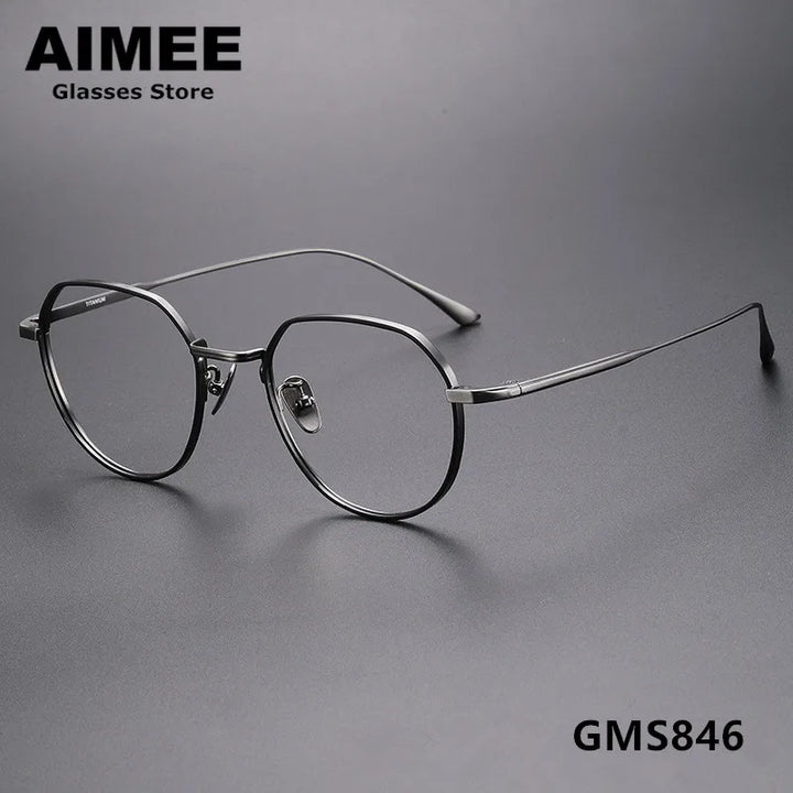 Aimee Unisex Full Rim Flat Top Polygon Titanium Eyeglasses 7846 Full Rim Aimee Black-Gun