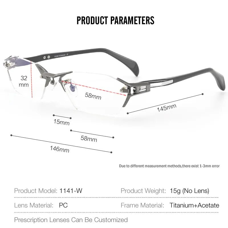 Muzz Men's Rimless Square Titanium Acetate Eyeglasses 1141w Rimless Muzz