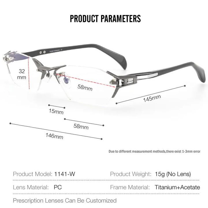 Muzz Men's Rimless Square Titanium Acetate Eyeglasses 1141w Rimless Muzz