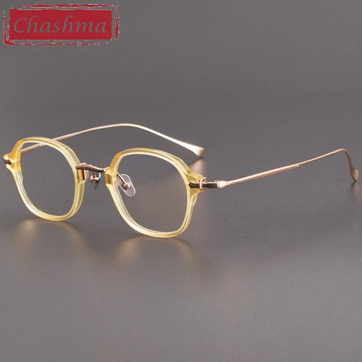 Chashma Unisex Full Rim Flat Top Round Acetate Titanium Eyeglasses 183 Full Rim Chashma Yellow Bronze