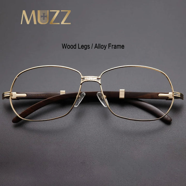 Muzz Men's Full Rim Square Alloy Double Bridge Frame Wood Temple Eyeglasses 1105868 Full Rim Muzz