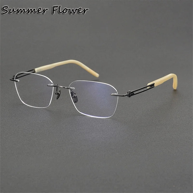 Summer Flower Men's Rimless Polygon Titanium Horn Eyeglasses 611005