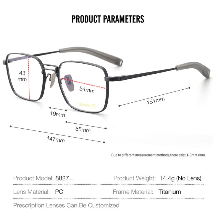 Muzz Men's Full Rim Square Titanium Acetate Eyeglasses 8827 Full Rim Muzz