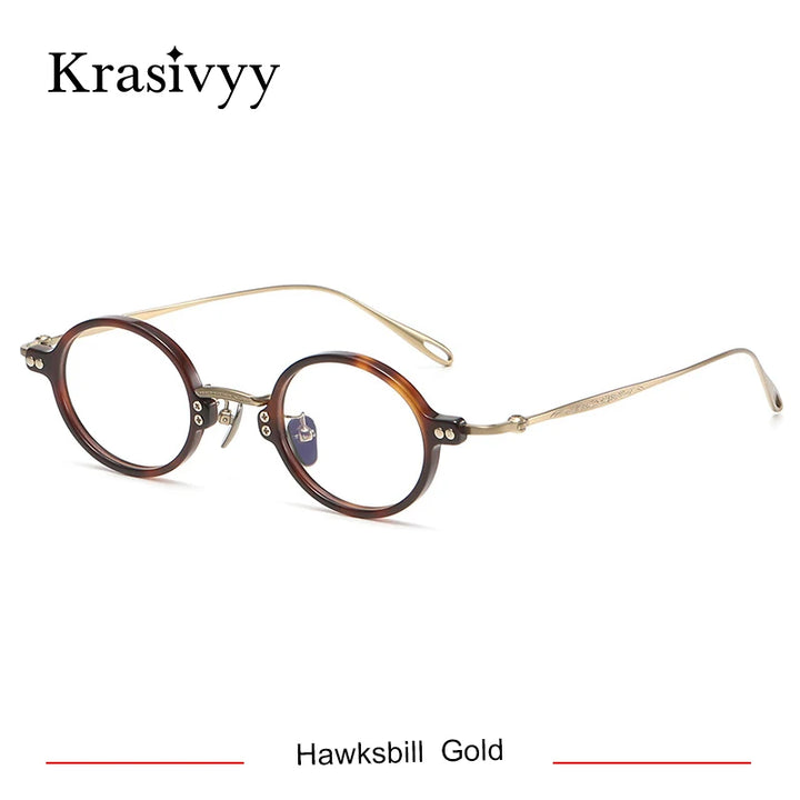 Krasivyy Unisex Full Rim Round Titanium Acetate Eyeglasses 45956 Full Rim Krasivyy Hawksbill Gold