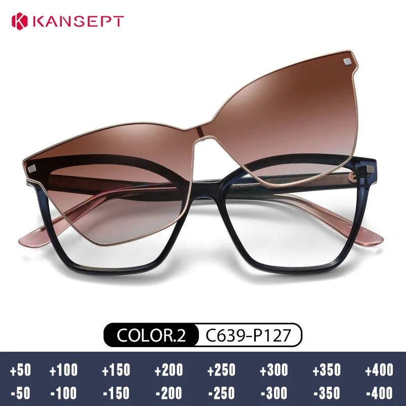Kansept Women's Full Rim Square Tr 90 Reading Glasses Clip On Sunglasses 87802