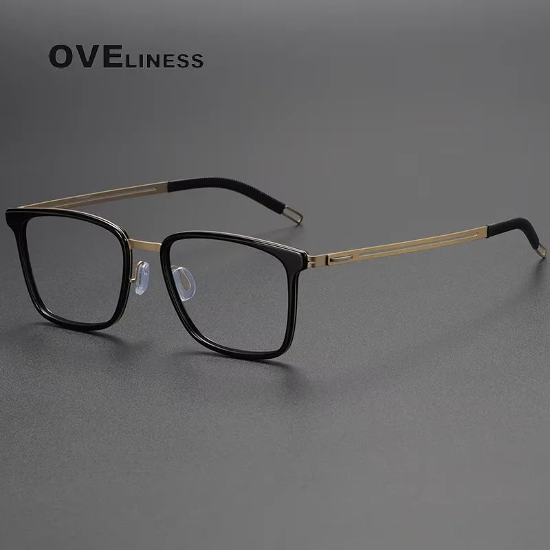 Oveliness Unisex Full Rim Square Acetate Titanium Eyeglasses 82005 Full Rim Oveliness black gold
