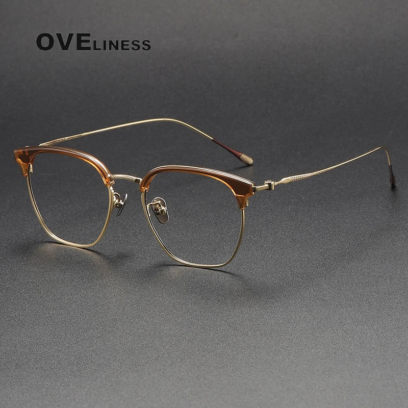 Oveliness Unisex Full Rim Square Acetate Titanium Eyeglasses 80898 Full Rim Oveliness tea gold  