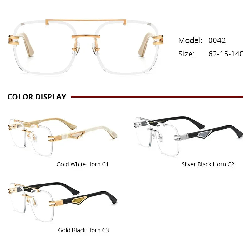 Hewei Unisex Rimless Square Double Bridge Alloy Horn Temple Eyeglasses 10042