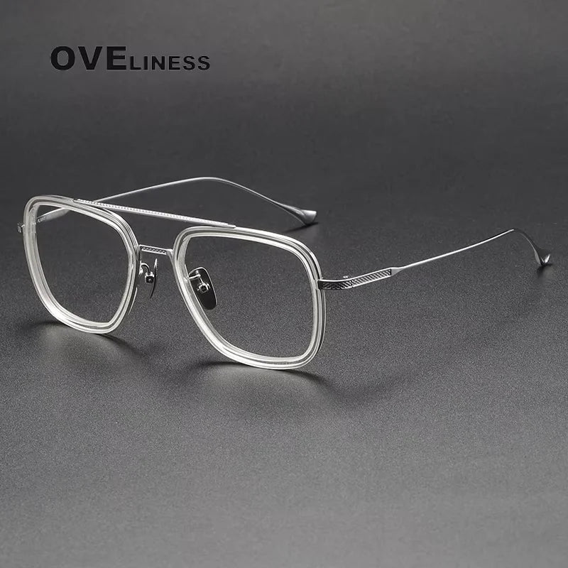 Oveliness Unisex Full Rim Square Double Bridge Acetate Titanium Eyeglasses 714006 Full Rim Oveliness clear silver