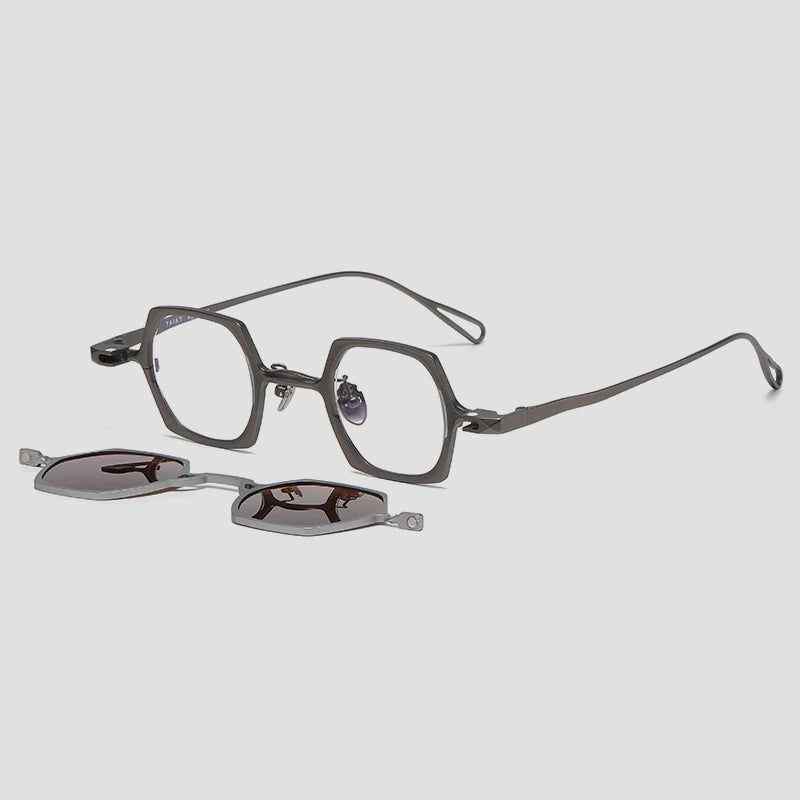 Gatenac Unisex Full Rim Polygon Titanium Eyeglasses Clip On Sunglasses 1511 Clip On Sunglasses Gatenac Gray Brown Clip