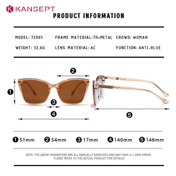 Kansept Unisex Full Rim Square Tr 90 Alloy Reading Glasses Clip On Sunglasses 72005