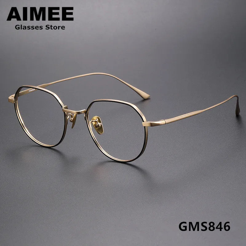 Aimee Unisex Full Rim Flat Top Polygon Titanium Eyeglasses 7846 Full Rim Aimee Black-Golden