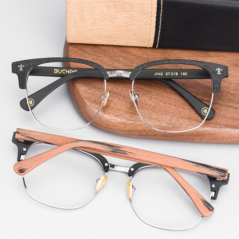 Hdcrafter Men's Full Rim Wide Square Wood Alloy Eyeglasses Jkk042 Full Rim Hdcrafter Eyeglasses