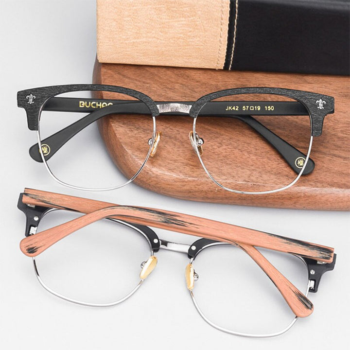 Hdcrafter Men's Full Rim Wide Square Wood Alloy Eyeglasses Jkk042 Full Rim Hdcrafter Eyeglasses