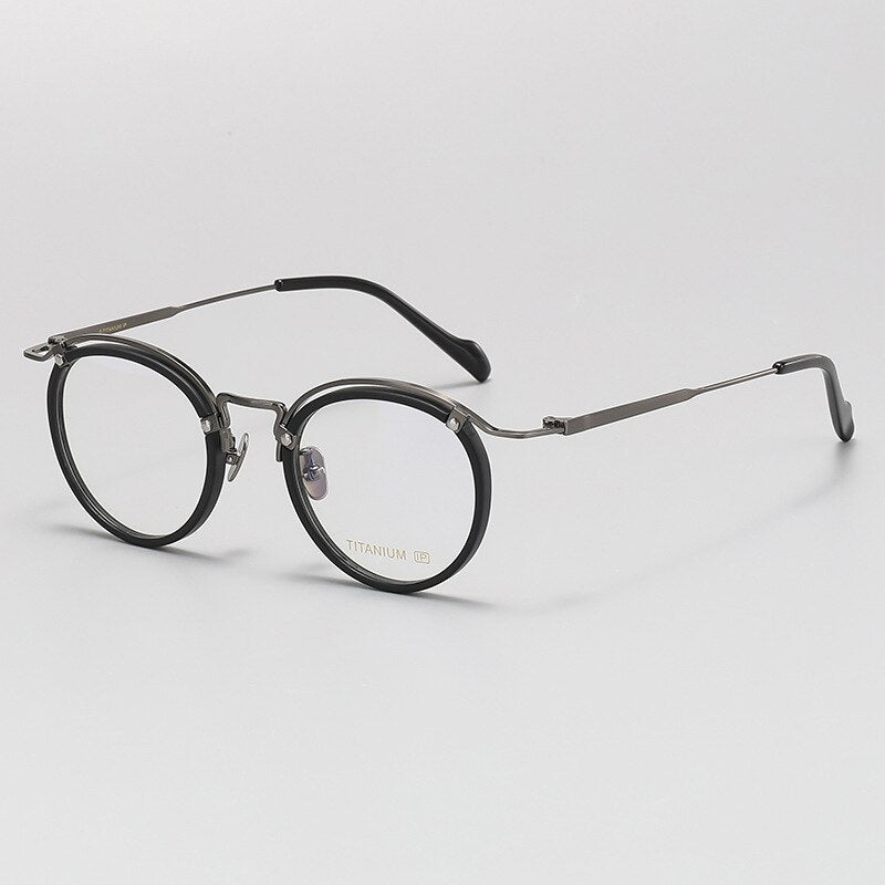 Gatenac Unisex Full Rim Round Acetate Titanium Eyeglasses Gxyj1069 Full Rim Gatenac Black Gun