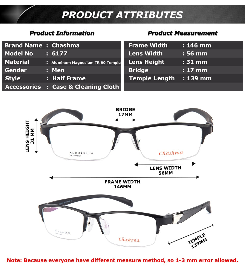 Chashma Men's Semi Rim Wide Square Alloy Eyeglasses 6177 Semi Rim Chashma