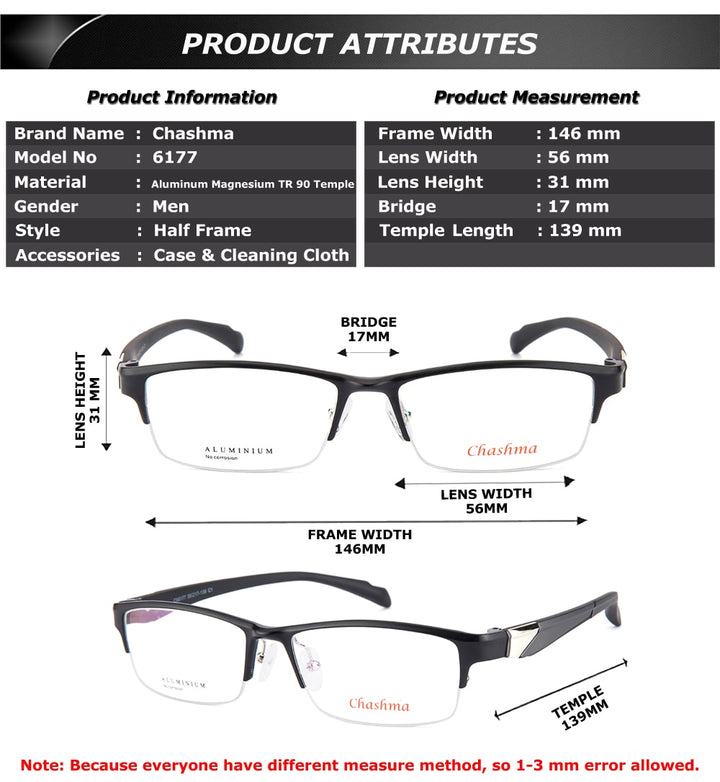 Chashma Men's Semi Rim Wide Square Alloy Eyeglasses 6177 Semi Rim Chashma