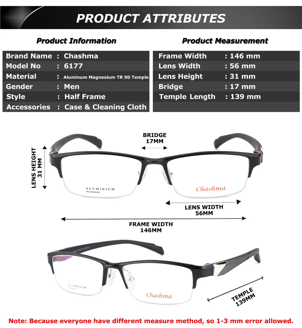 Chashma Ottica Men's Semi Rim Square Tr 90 Alloy Sport Eyeglasses 6177