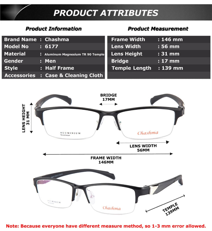 Chashma Ottica Men's Semi Rim Square Tr 90 Alloy Sport Eyeglasses 6177