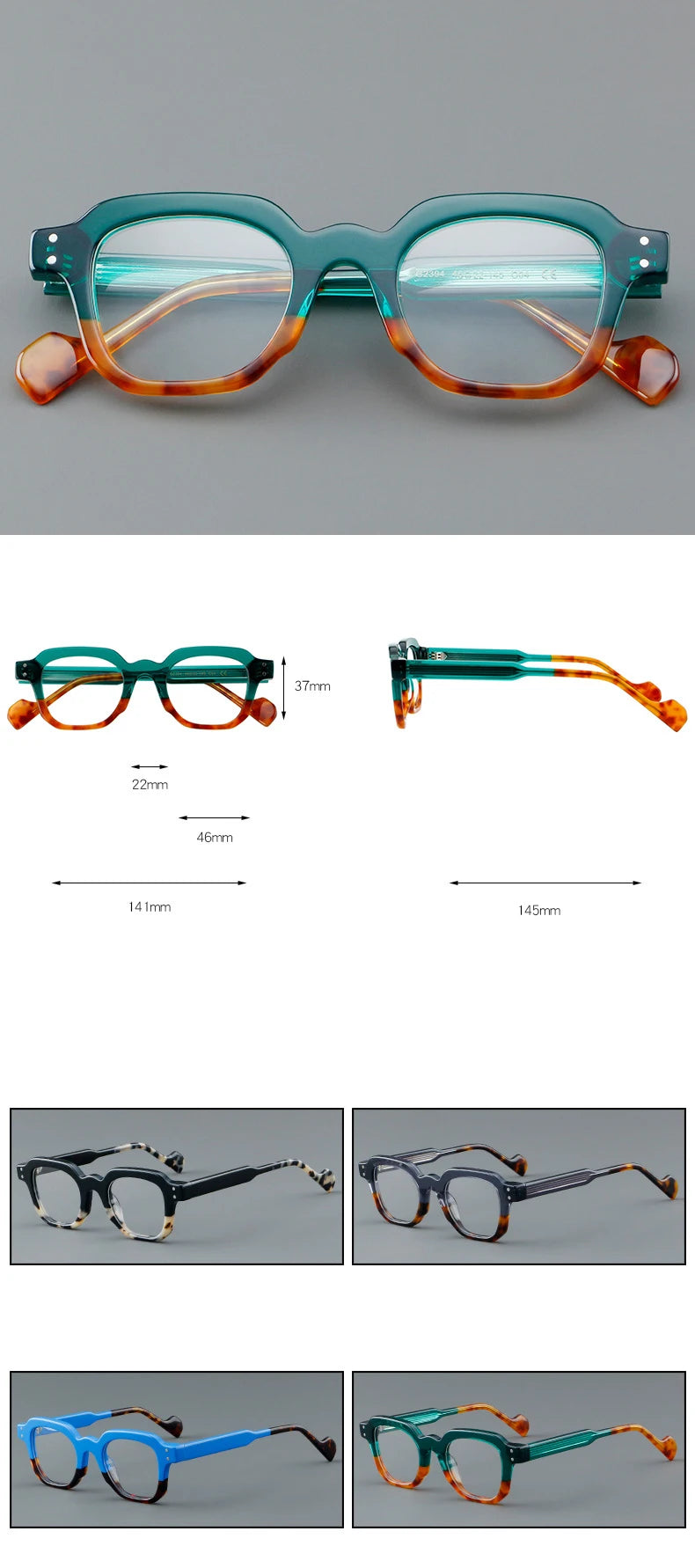 CCspace Unisex Full Rim Square Acetate Eyeglasses 57287 Full Rim CCspace