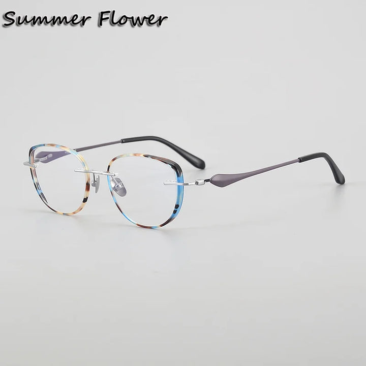 Summer Flower Unisex Full Rim Flat Top Oval Titanium Eyeglasses 842017 Full Rim Summer Flower Purple- Silver