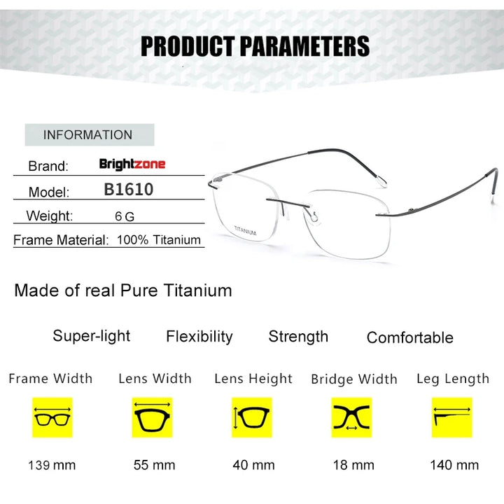 Brightzone Unisex Rimless Oval Square Titanium Eyeglasses 71610 Rimless Brightzone
