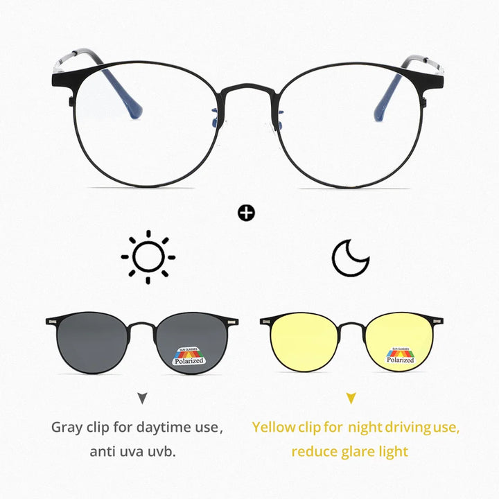 Ralferty Unisex Full Rim Round Alloy Eyeglasses Clip On Polarized Sunglasses R8010 With Clip Ons Ralferty