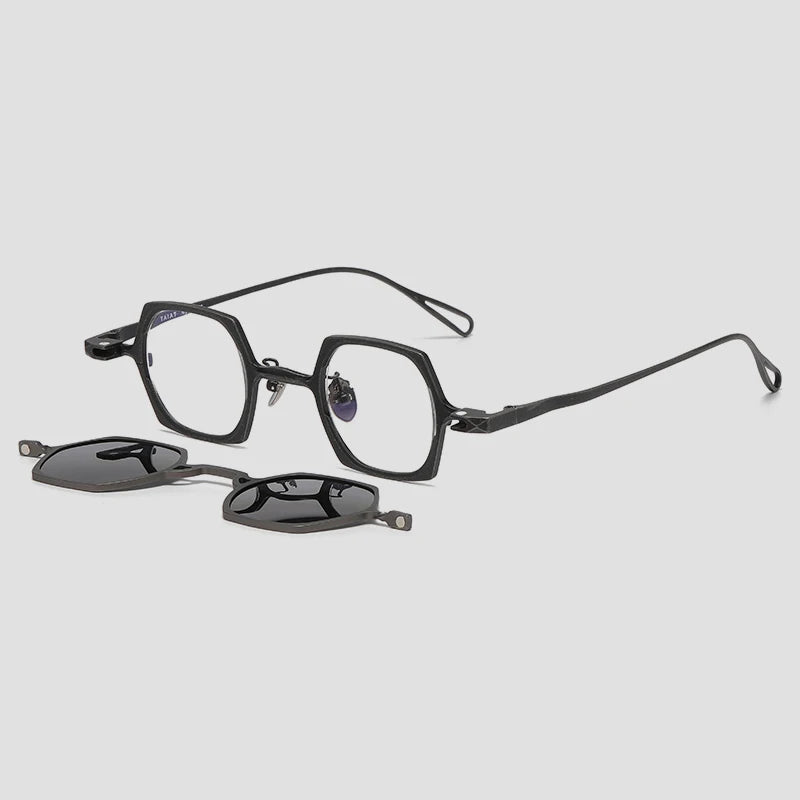 Gatenac Unisex Full Rim Polygon Titanium Eyeglasses Clip On Sunglasses 1511 Clip On Sunglasses Gatenac Gun Gray Clip