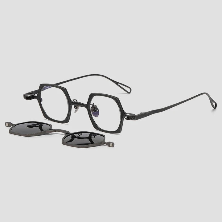 Gatenac Unisex Full Rim Polygon Titanium Eyeglasses Clip On Sunglasses 1511 Clip On Sunglasses Gatenac Gun Gray Clip