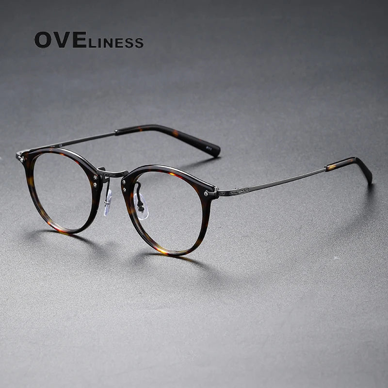 Oveliness Unisex Full Rim Round Acetate Titanium Eyeglasses C805 Full Rim Oveliness tortoise
