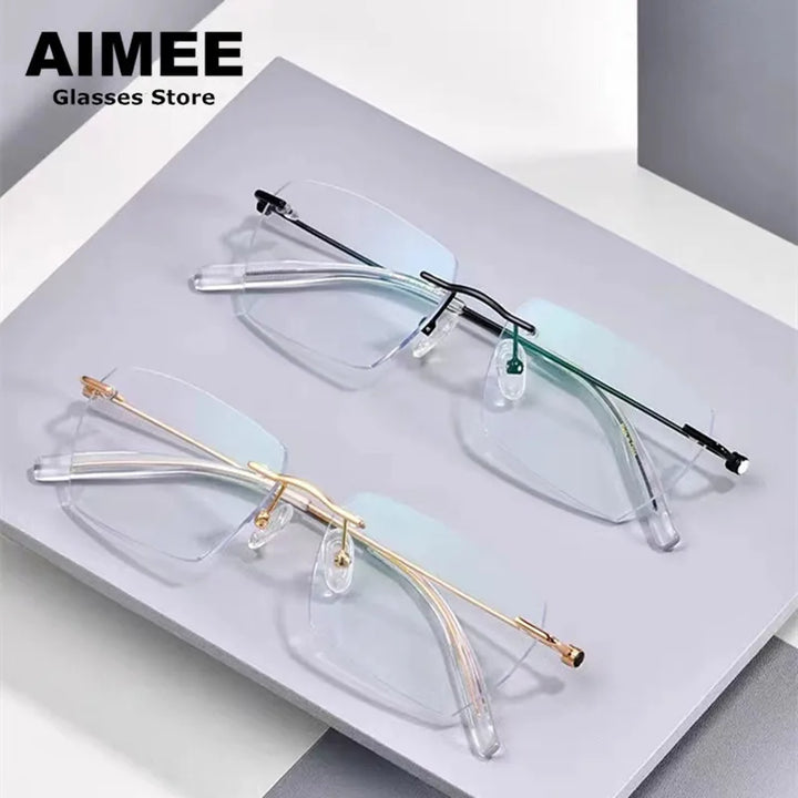 Aimee Men's Rimless Square Polygon Titanium Eyeglasses 14256 Rimless Aimee