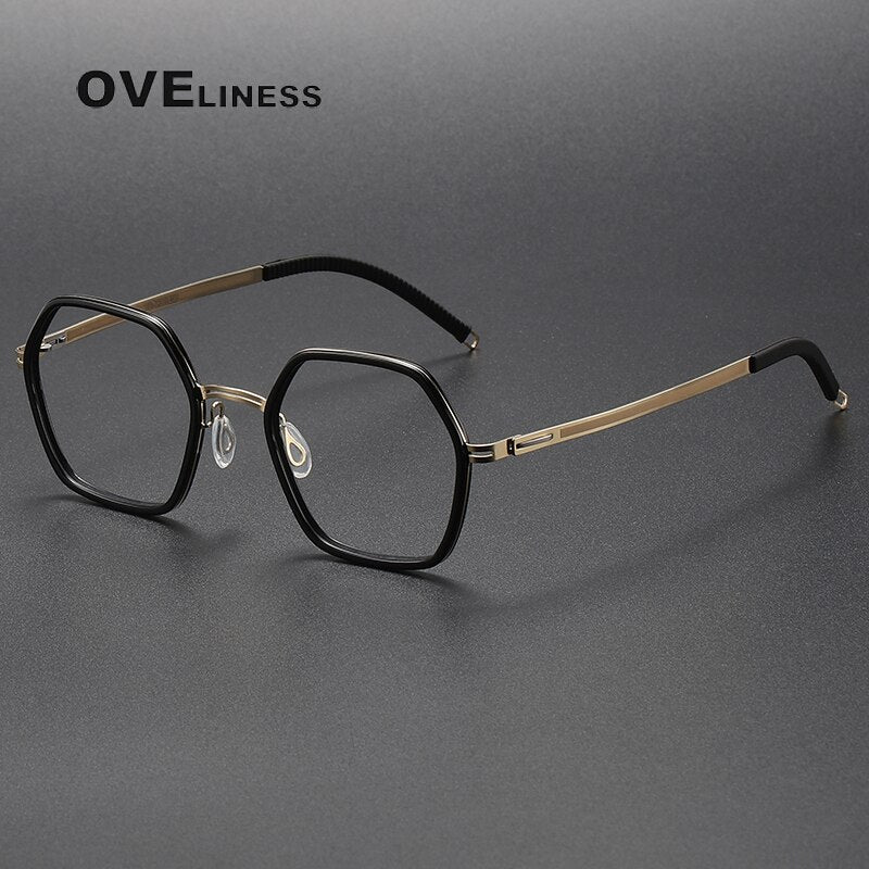 Oveliness Unisex Full Rim Polygon Acetate Titanium Eyeglasses 8202322 Full Rim Oveliness black gold