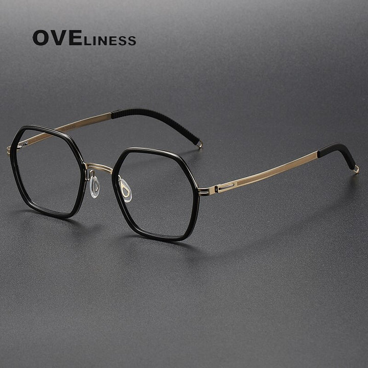 Oveliness Unisex Full Rim Polygon Acetate Titanium Eyeglasses 8202322 Full Rim Oveliness black gold