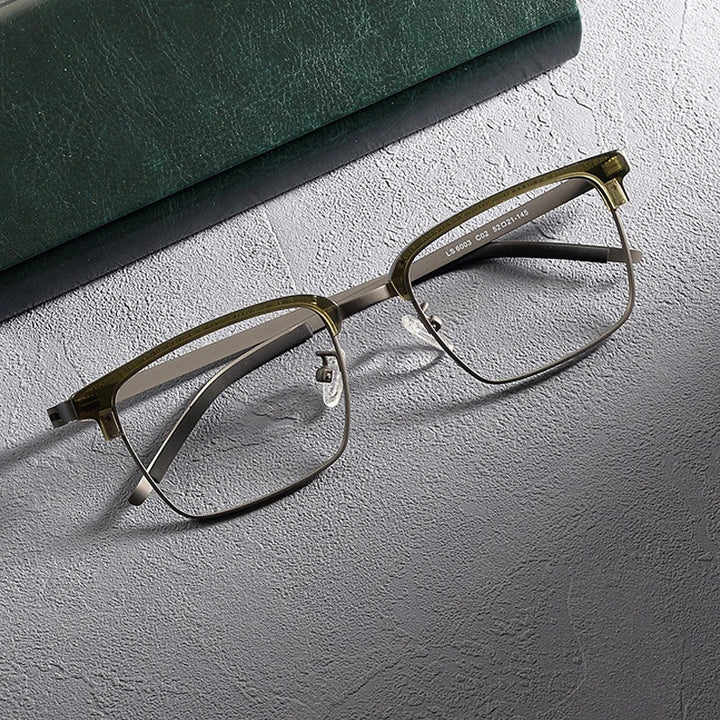 Gatenac Unisex Full Rim Square Screwless Acetate Alloy Eyeglasses 1236 Full Rim Gatenac Green Gun