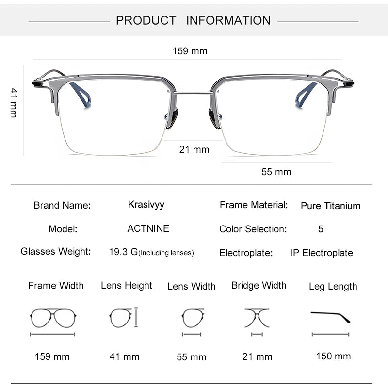 Krasivyy Men's Semi Rim Big Square Titanium Eyeglasses 15955 Semi Rim Krasivyy
