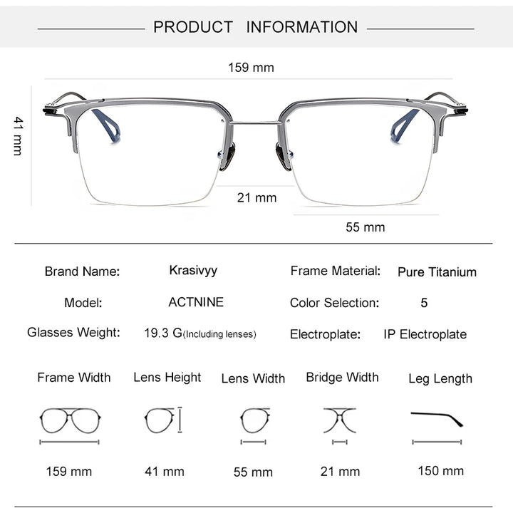 Krasivyy Men's Semi Rim Big Square Titanium Eyeglasses 15955 Semi Rim Krasivyy