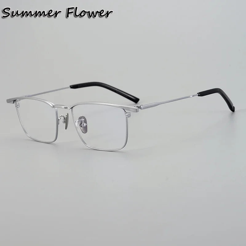 Summer Flower Unisex Full Rim Big Square Titanium Eyeglasses 84156 Full Rim Summer Flower Silver