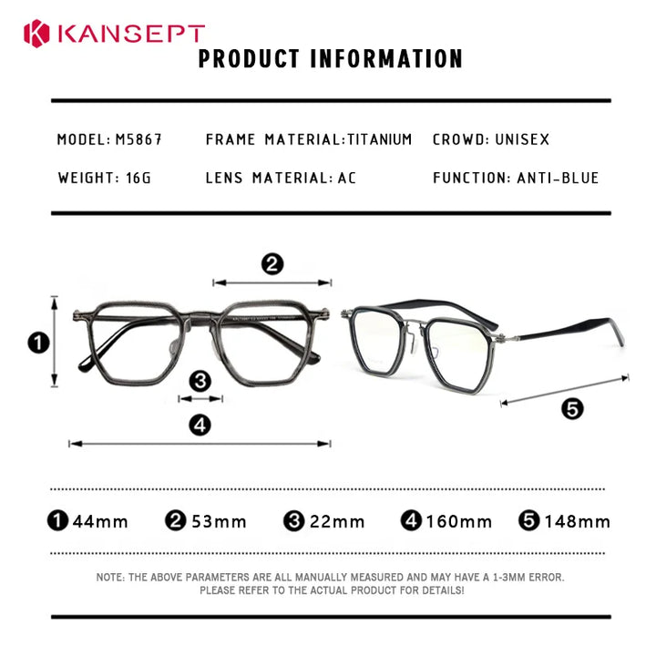 Kansept Unisex Full Rim Big Polygon Acetate Titanium Reading Glasses 475867