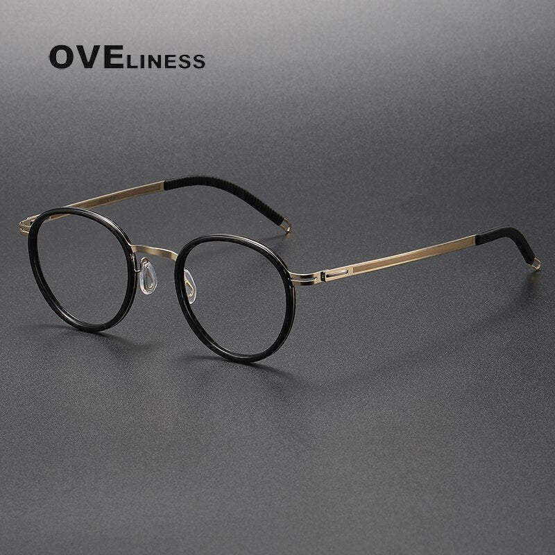 Oveliness Unisex Full Rim Round Screwless Titanium Acetate Eyeglasses 8202317 Full Rim Oveliness black gold  