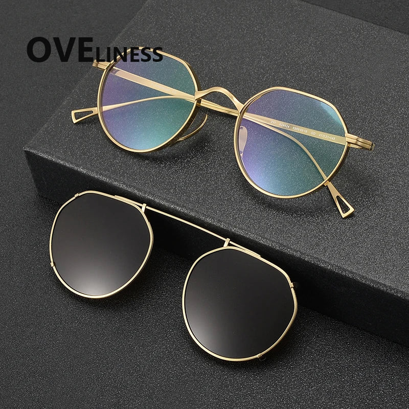Oveliness Women's Full Rim Polygon Titanium Eyeglasses Clip On Sunglasses 29916