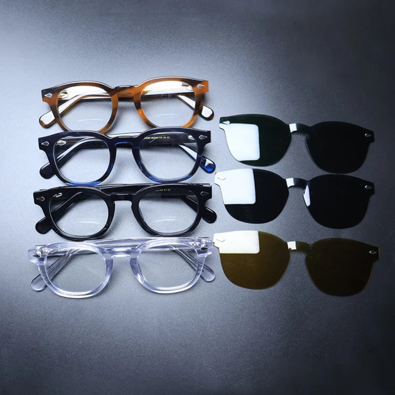 Gatenac Unisex Full Rim Round Acetate With Clip On Sunglasses 1237 With Clip Ons Gatenac