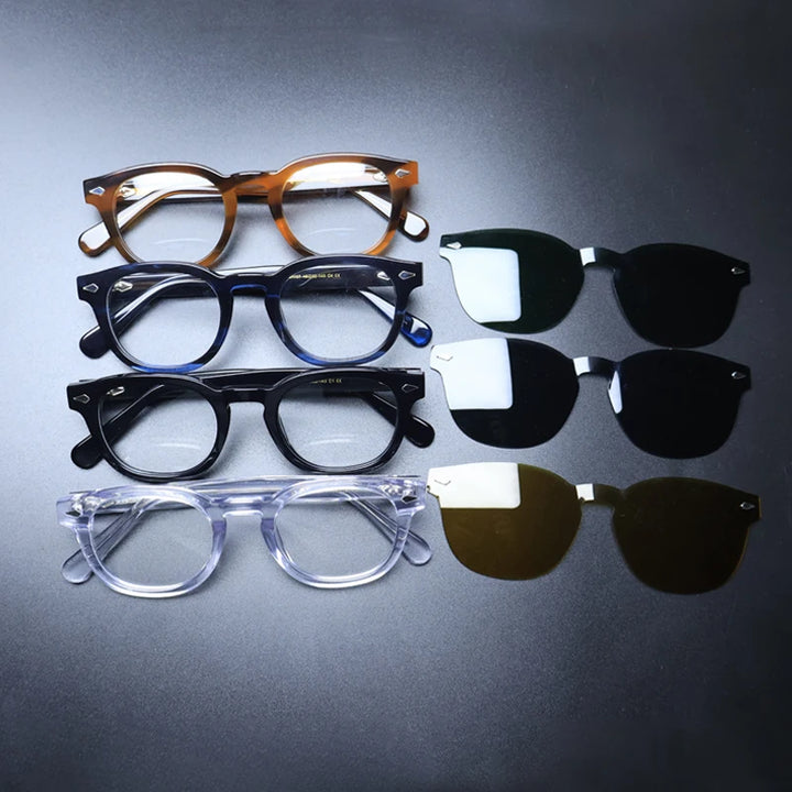 Gatenac Unisex Full Rim Round Acetate With Clip On Sunglasses 1237 With Clip Ons Gatenac