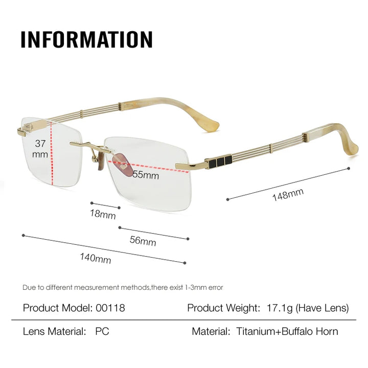 Muzz Unisex Rimless Square Titanium Horn Temple Tip Eyeglasses 800118