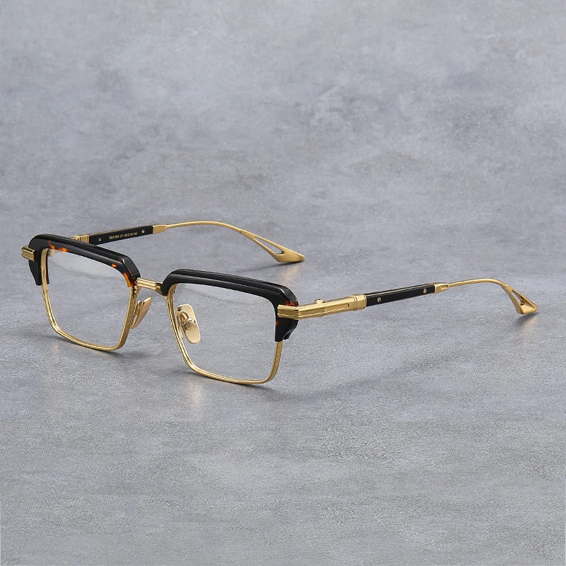 Black Mask Unisex Full Rim Big Square Titanium Acetate Eyeglasses D008 Full Rim Black Mask Tortoise-Gold