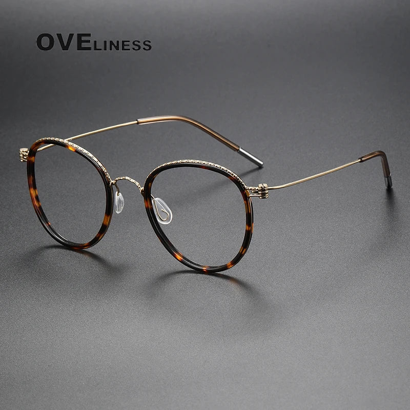 Oveliness Unisex Full Rim Round Screwless Acetate Titanium Eyeglasses 80887 Full Rim Oveliness tortoise gold  