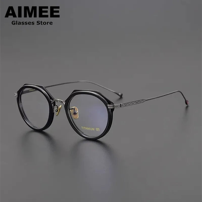 Aimee Unisex Full Rim Flat Top Polygon Titanium Acetate Eyeglasses 13849 Full Rim Aimee Black-Gun