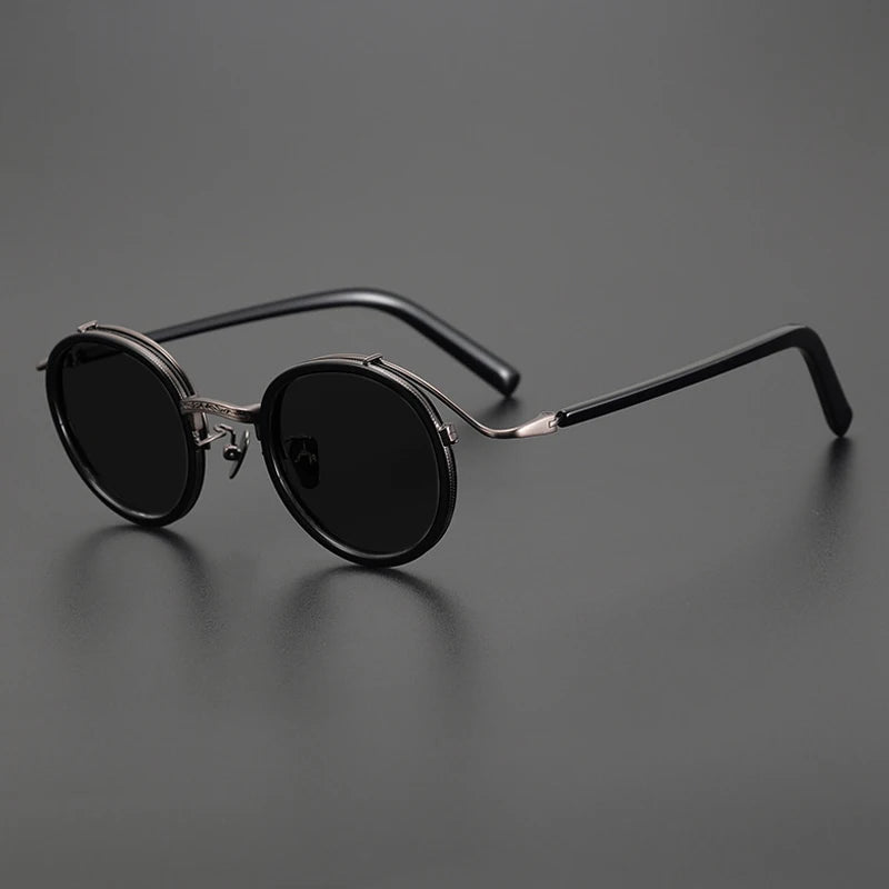 Gatenac Unisex Full Rim Round Polarized Acetate Titanium Sunglasses Mo12 Sunglasses Gatenac Black Gray