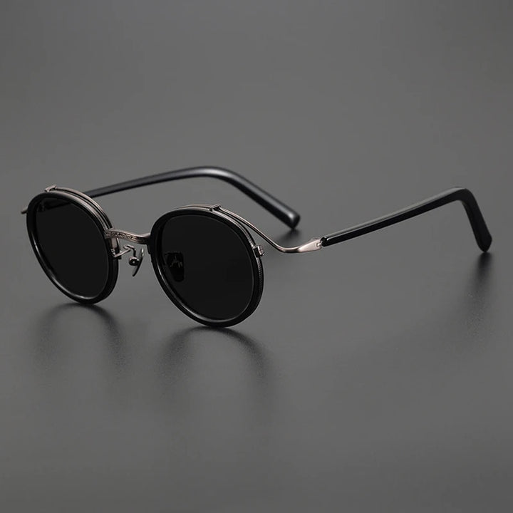 Gatenac Unisex Full Rim Round Polarized Acetate Titanium Sunglasses Mo12 Sunglasses Gatenac Black Gray