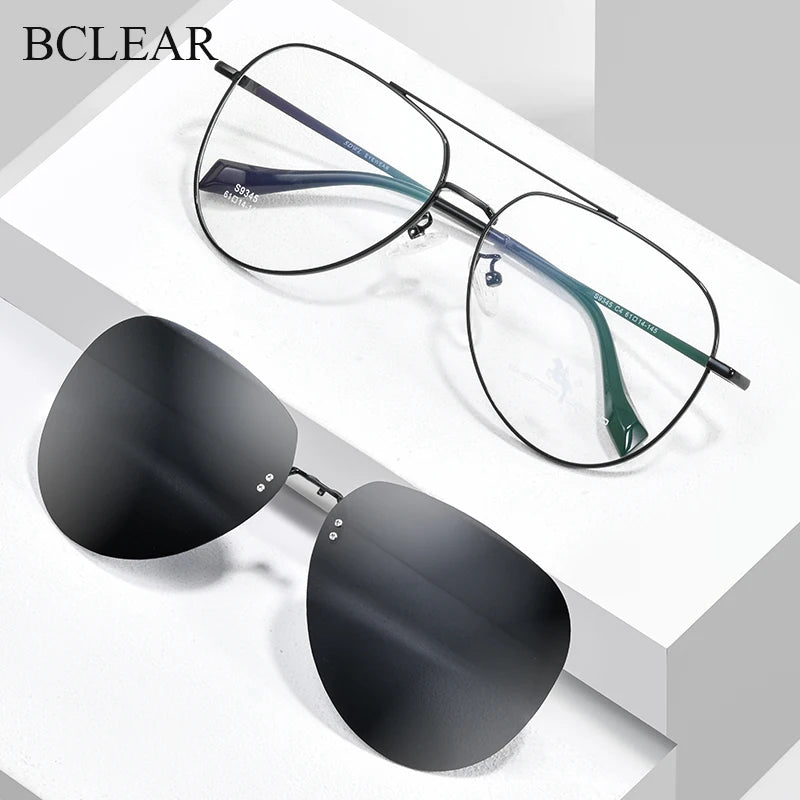 Bclear Men's Full Rim Square Double Bridge Alloy Eyeglasses Clip On Sunglasses 9345 Clip On Sunglasses Bclear   