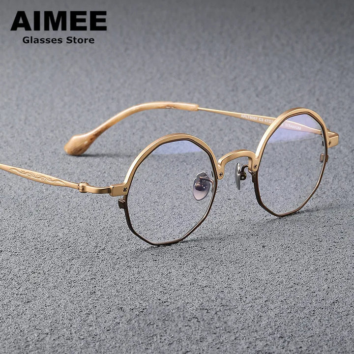 Aimee Unisex Full Rim Polygon Round Titanium Eyeglasses 946067 Semi Rim Aimee Golden